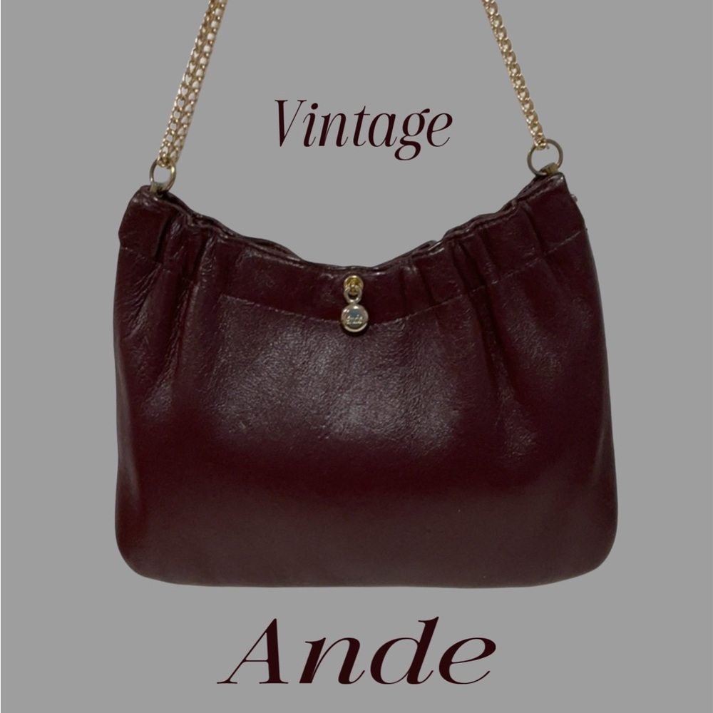 ANDE Vintage Leather Hand Bag Double Gold Chain Pop Top Closure Burgundy
